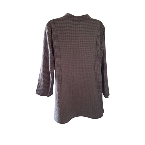 Habitat Womens Plaid Blouse Large Button Front Brown/White 3/4 Sleeves Lagenlook - Picture 2 of 7